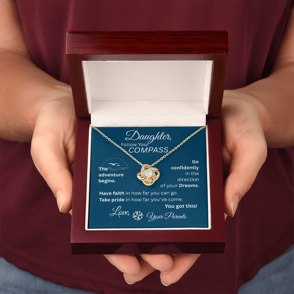 Daughter - Follow Your Compass - Love Knot Necklace - Blue Message Card