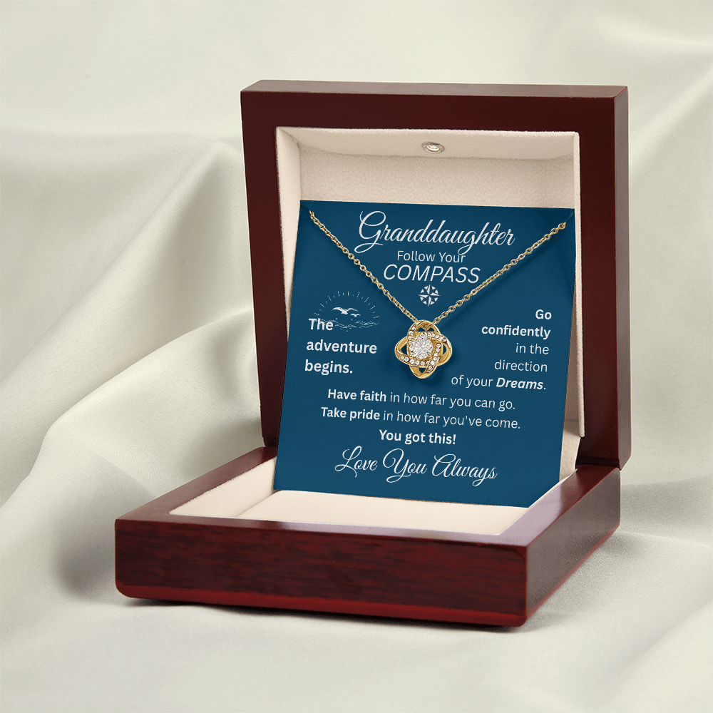 Granddaughter - Follow Your Compass - Love Knot Necklace - Blue Message Card - Love You Always