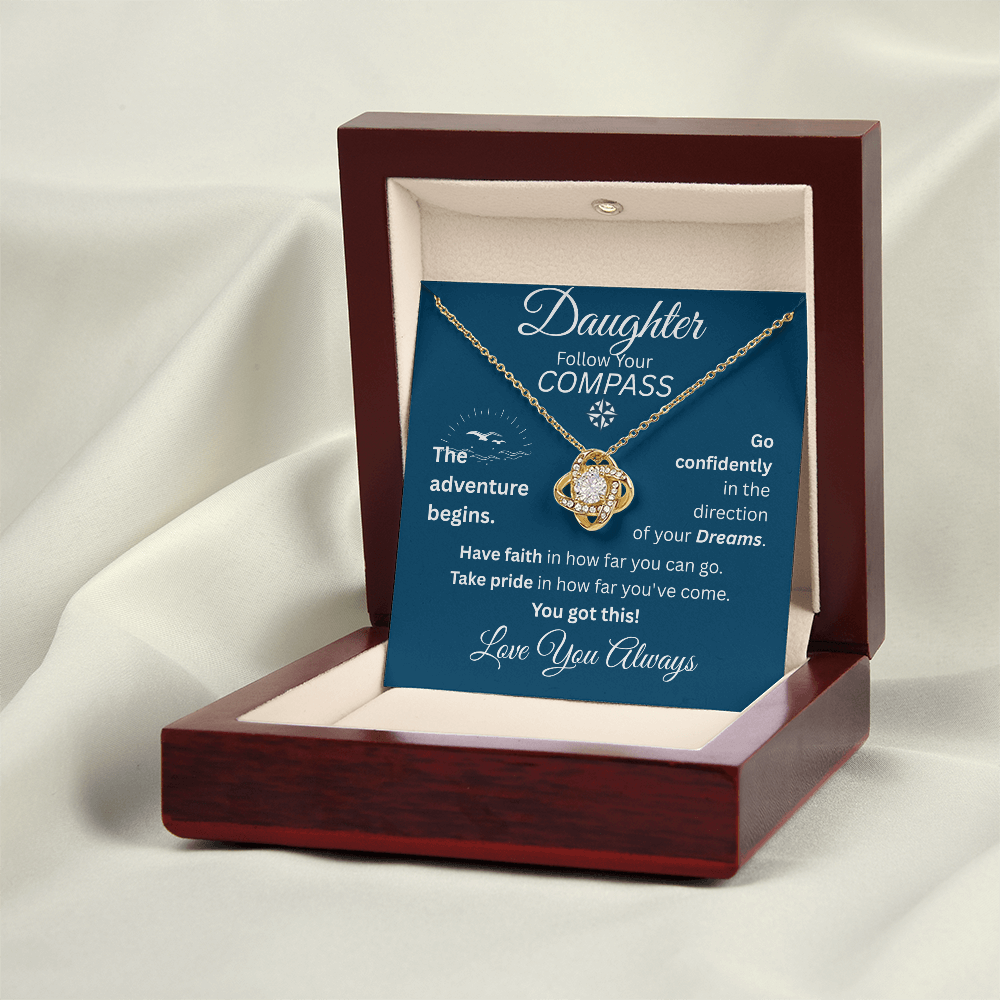 Daughter - Follow Your Compass - Love Knot Necklace - Blue Message Card - Love You Always