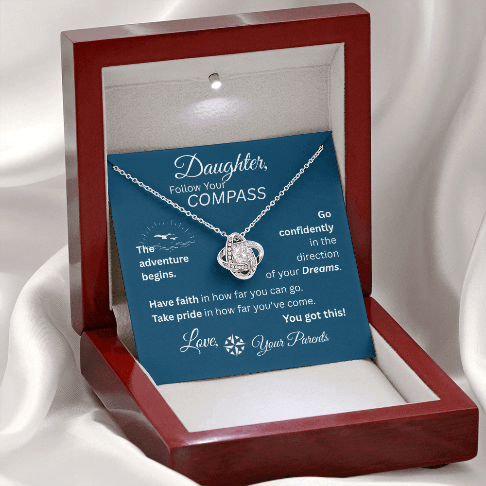 Daughter - Follow Your Compass - Love Knot Necklace - Blue Message Card