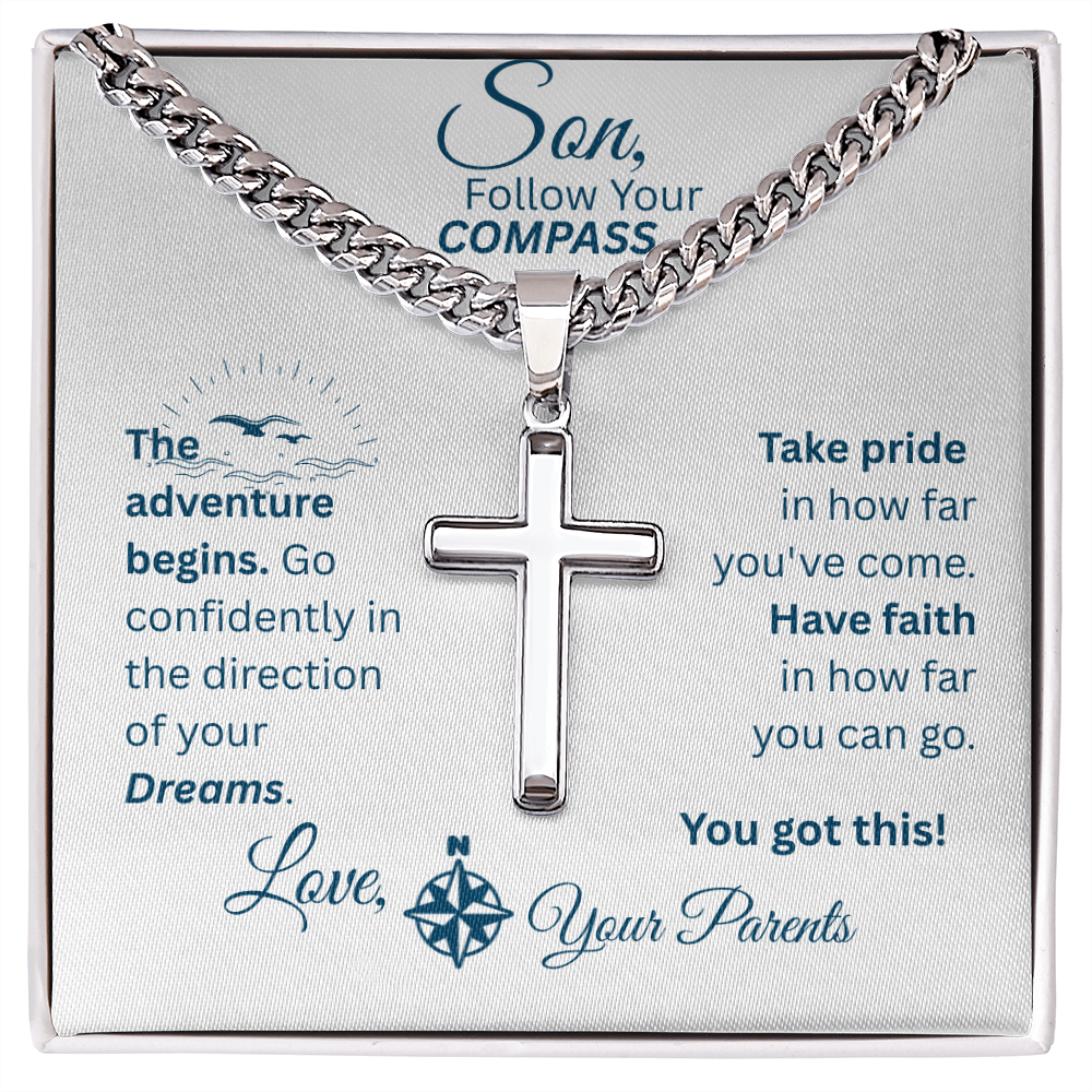 Son - Follow Your Compass - Cross Necklace - White Message Card
