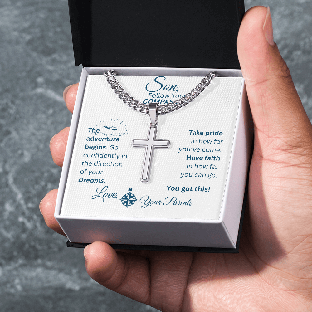 Son - Follow Your Compass - Cross Necklace - White Message Card