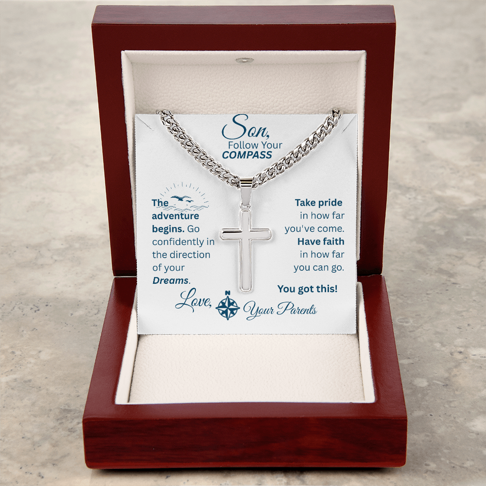 Son - Follow Your Compass - Cross Necklace - White Message Card