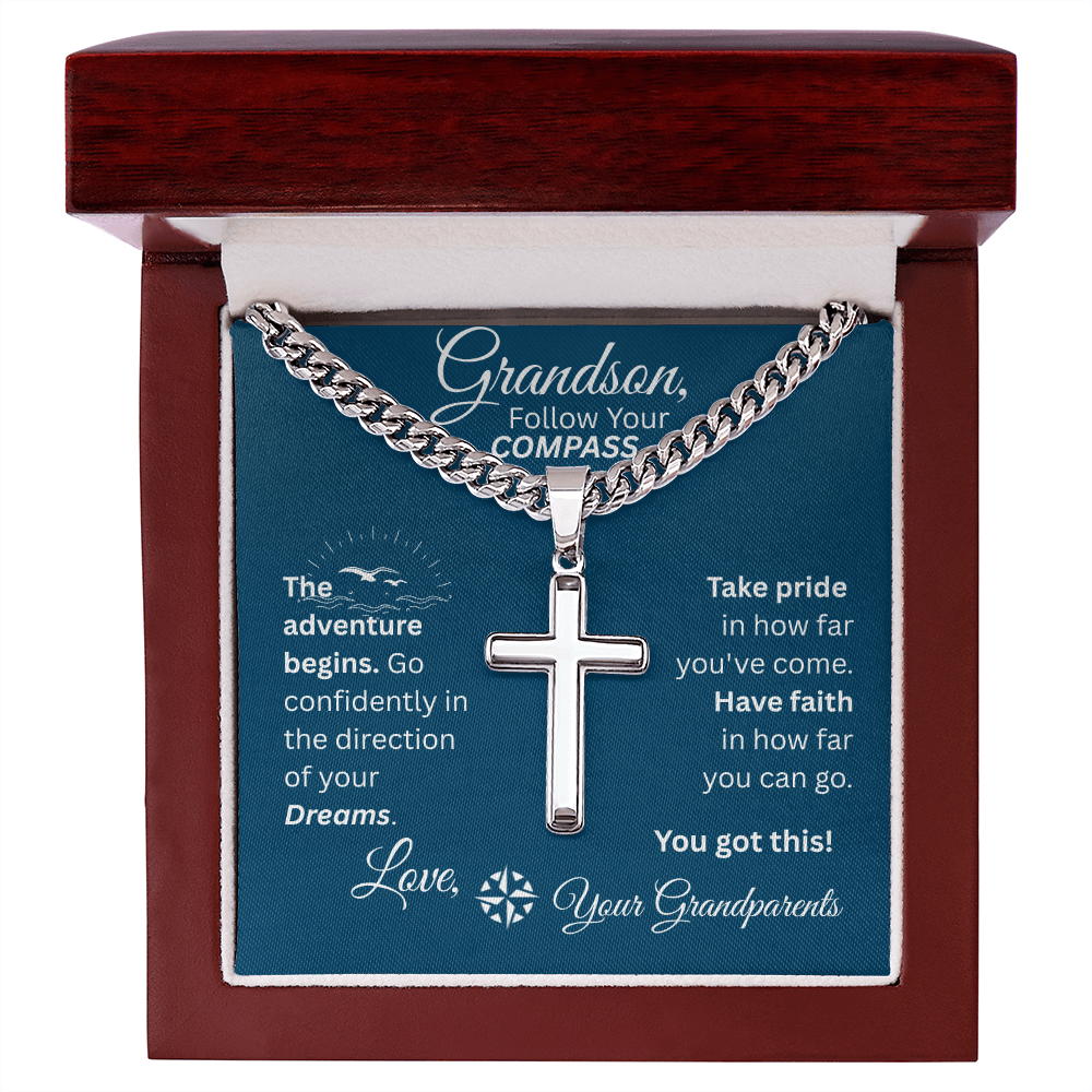 Grandson - Follow Your Compass - Cross Necklace - Blue Message Card