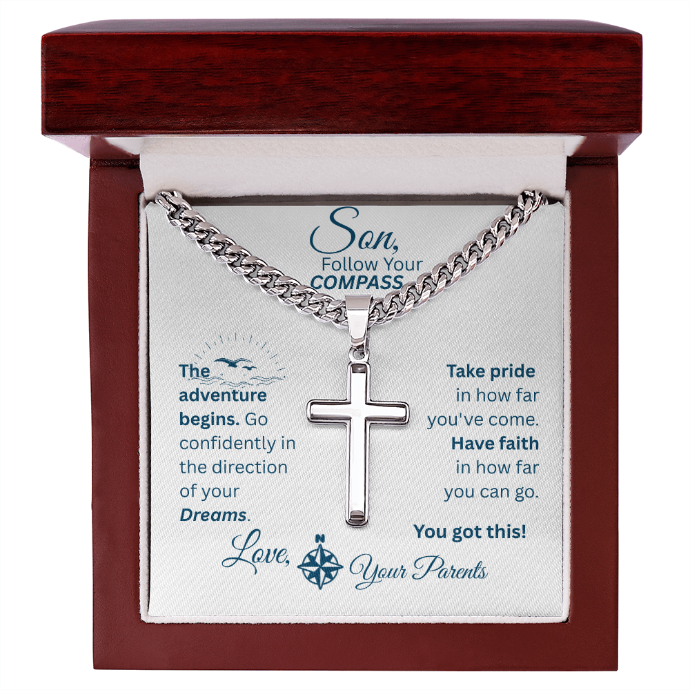 Son - Follow Your Compass - Cross Necklace - White Message Card
