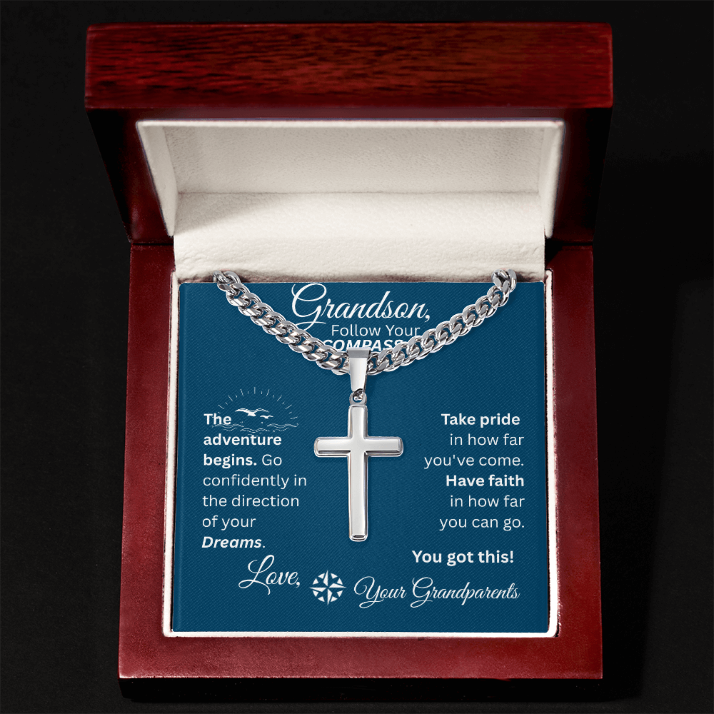 Grandson - Follow Your Compass - Cross Necklace - Blue Message Card