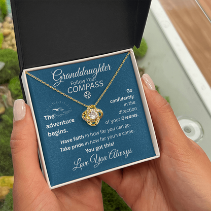 Granddaughter - Follow Your Compass - Love Knot Necklace - Blue Message Card - Love You Always