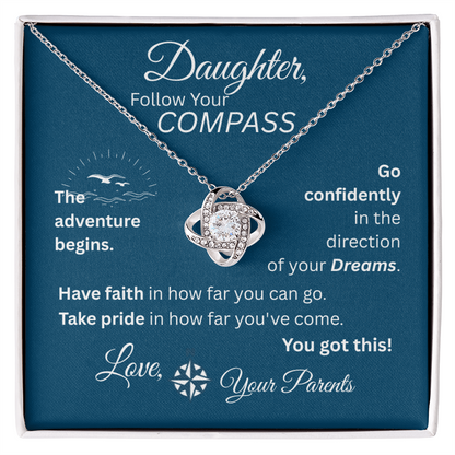 Daughter - Follow Your Compass - Love Knot Necklace - Blue Message Card