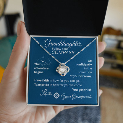 Granddaughter - Follow Your Compass - Love Knot Necklace - Blue Message Card