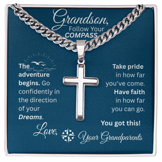 Grandson - Follow Your Compass - Cross Necklace - Blue Message Card