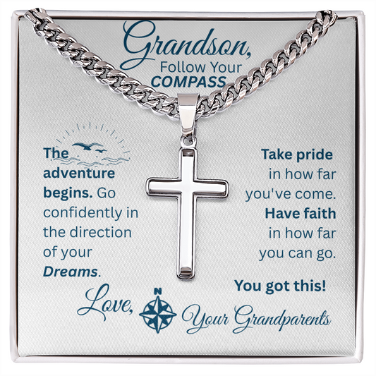 Grandson - Follow Your Compass - Cross Necklace - White Message Card