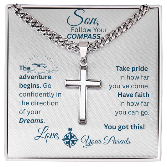 Son - Follow Your Compass - Cross Necklace - White Message Card