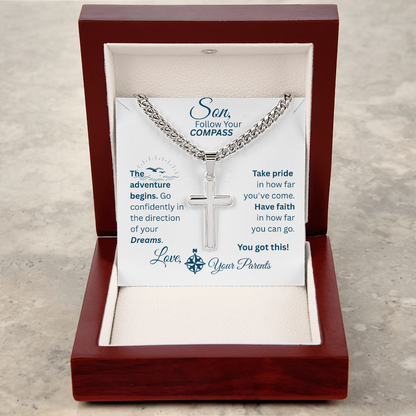Son - Follow Your Compass - Cross Necklace - White Message Card