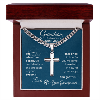 Grandson - Follow Your Compass - Cross Necklace - Blue Message Card