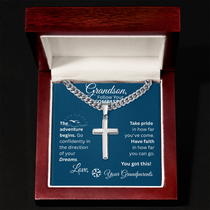Grandson - Follow Your Compass - Cross Necklace - Blue Message Card